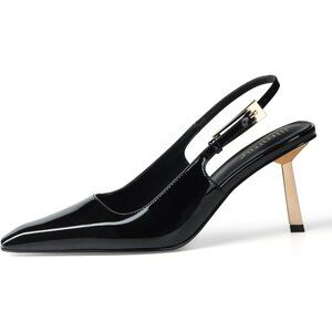Women Black Closed Toe 3.5 in Kitten Heels Pumps Square Toe Heeled Sandals